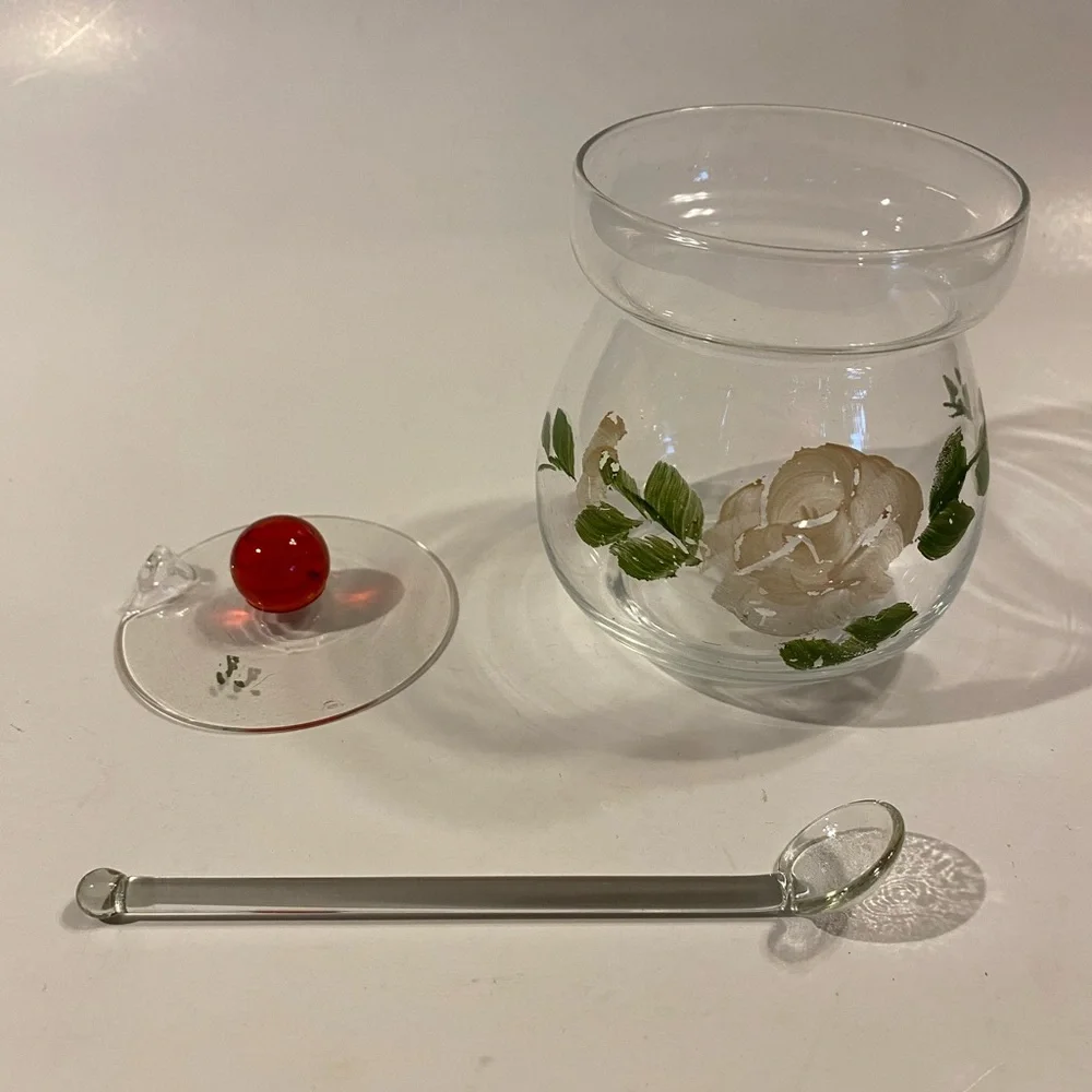 Vintage Hand-Painted Glass Honey Jar with Glass Dipper & Red Ball Finial Lid